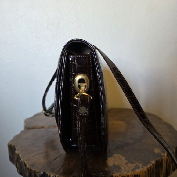 Vintage Made in Italy Croc Embossed Brown Leather Crossbody Bag Brass Hardware - Picture 15 of 16